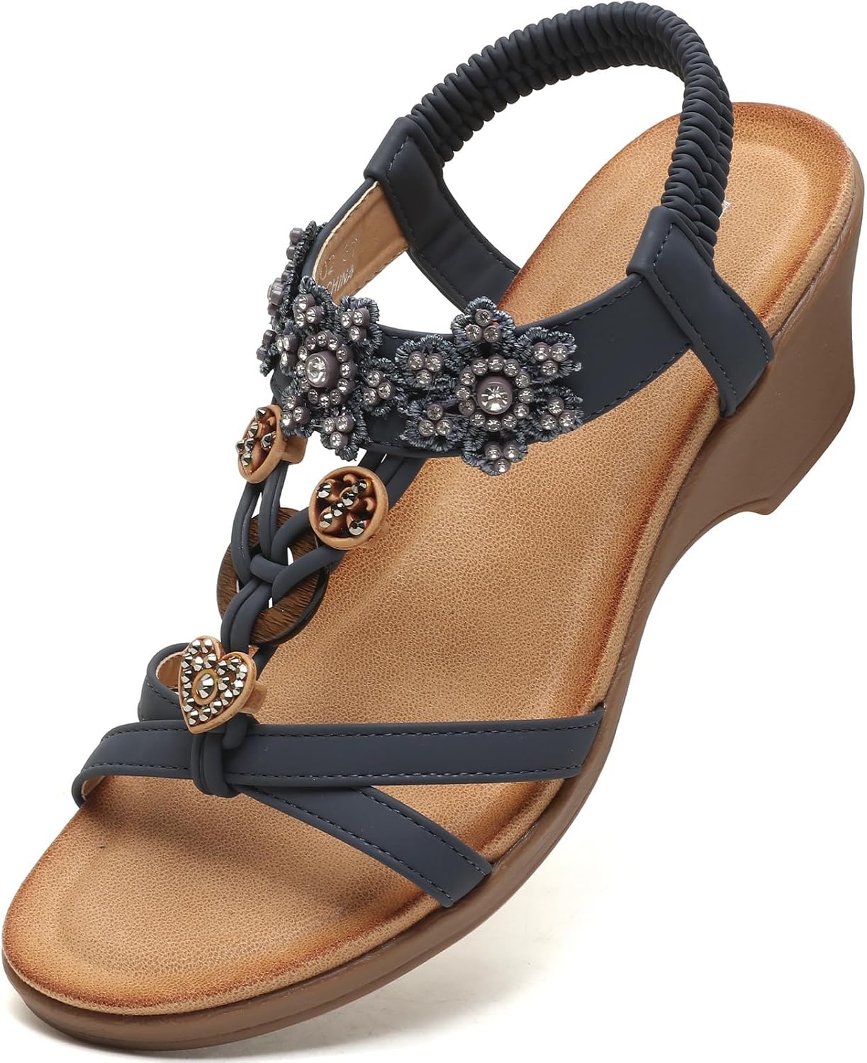 TETSUO Women Wedge Sandal Flower Low Heels Sandals Comfortable Summer Beach Walking Rhinestone Shoes for Women Open Toe Ankle Elastic Back strap T-Strap Dressy Bohemian Shoe
