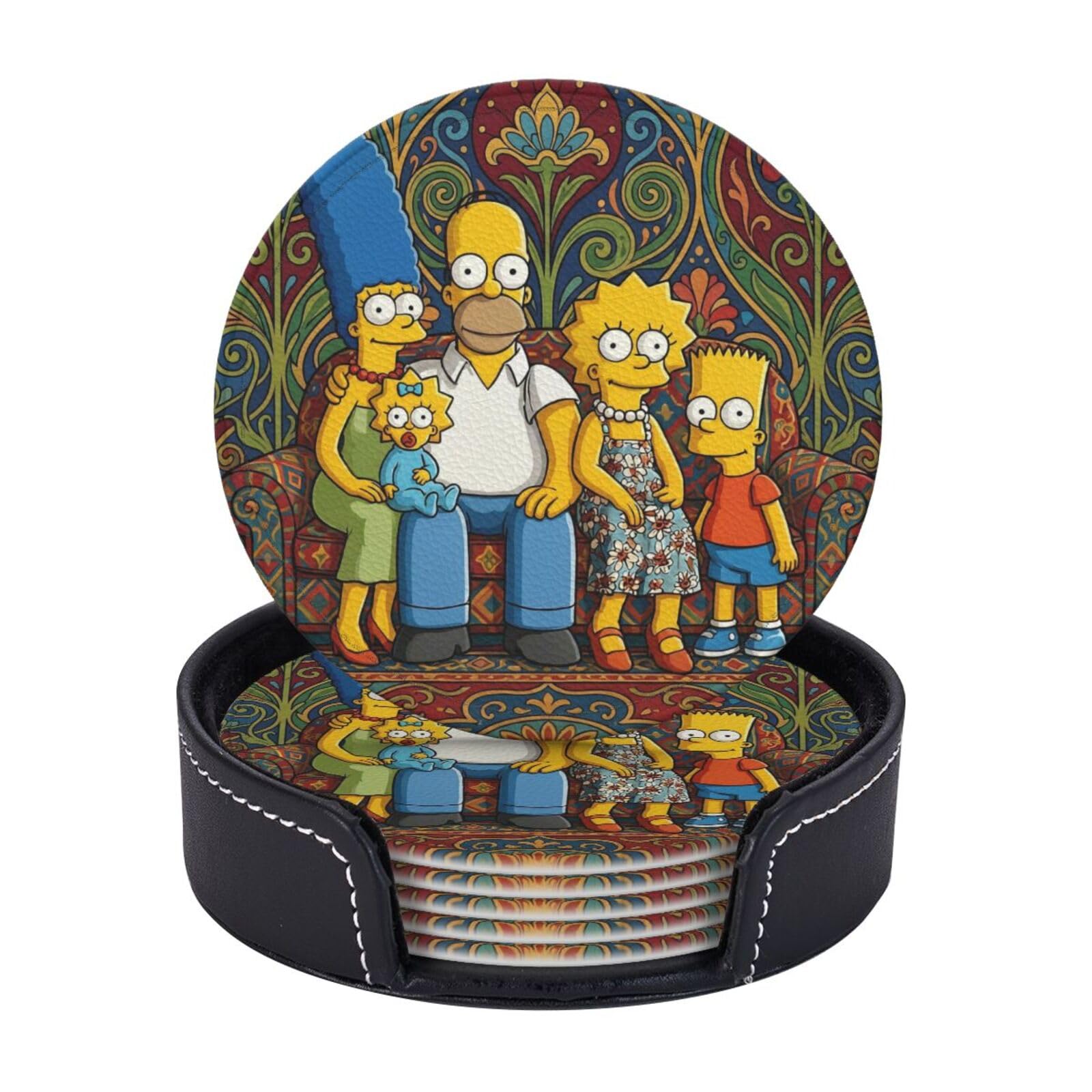 Coasters Set of 6 Leather Drink Coasters with Holder Simpsons Coasters for Drinks Heat Resistant Coaster Round Coffee Cup Mat Pad for Kitchen Office Home Decor