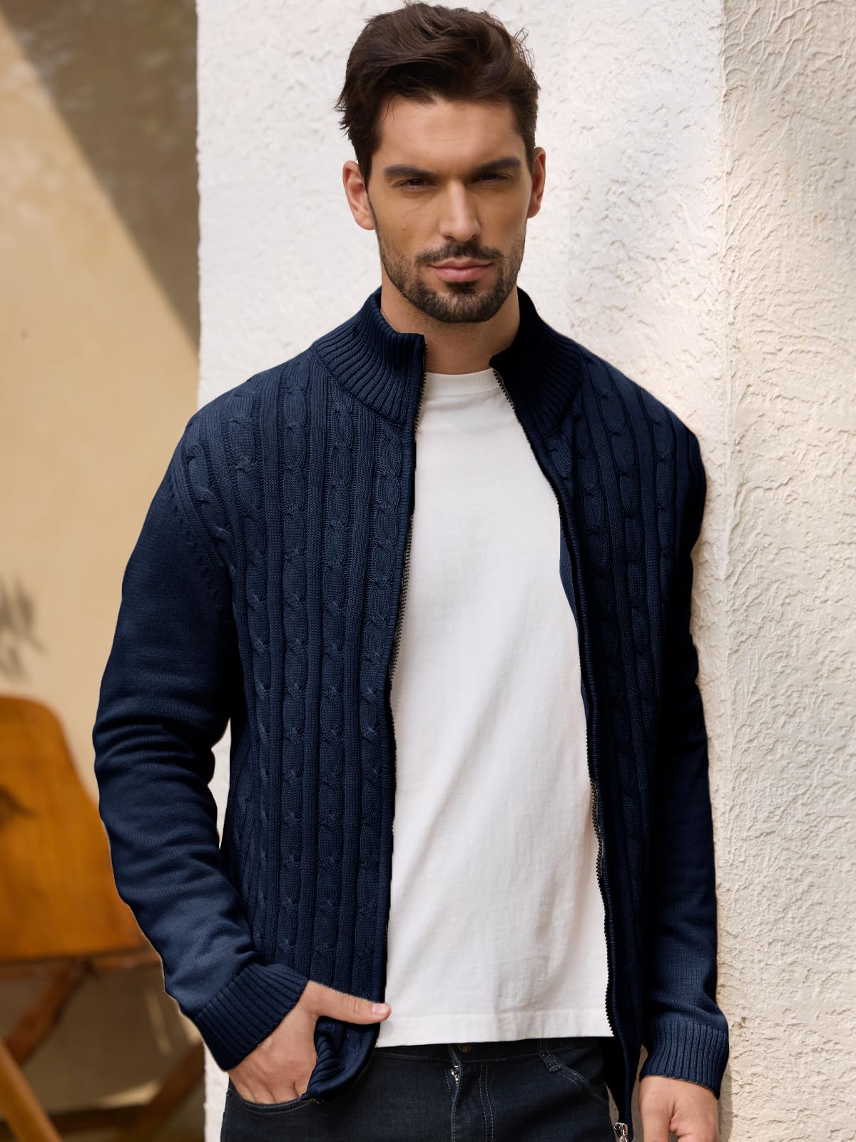 Les umes Cardigan Homme à Fermeture Éclair Pull Tricot Câblé à Col Debout Cardigan Chaud en Coton Détendu
