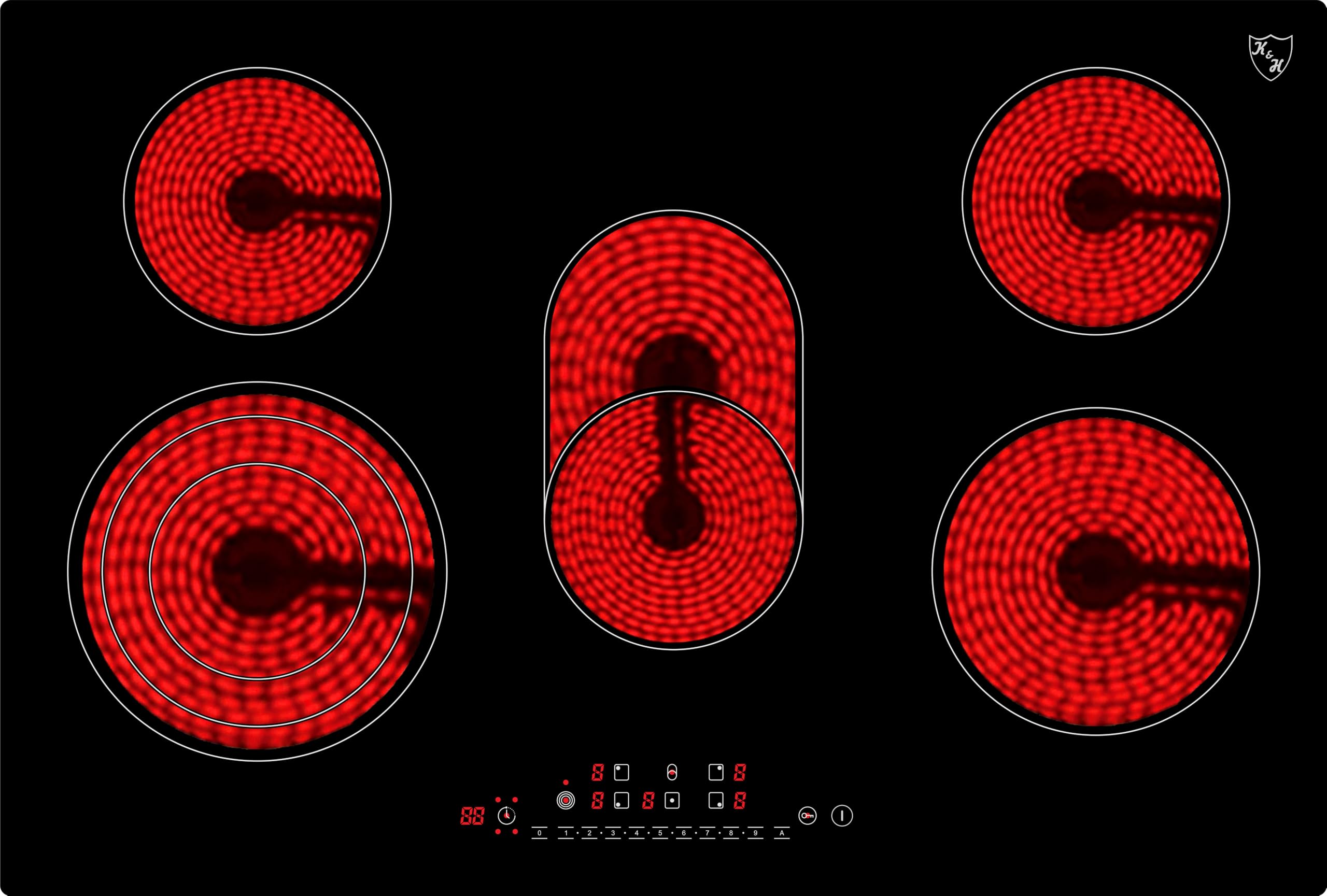 K&H Glaskeramikkochfeld NC-8608 [5 ZONEN] - Herdplatte 5 Kochfelder - Kochfeld 5 Platten Autark - Kochplatten 5er - Starkstrom-Anschluss - Kein Stecker Enthalten - 77CM - 8600W in 9 Leistungsstufen