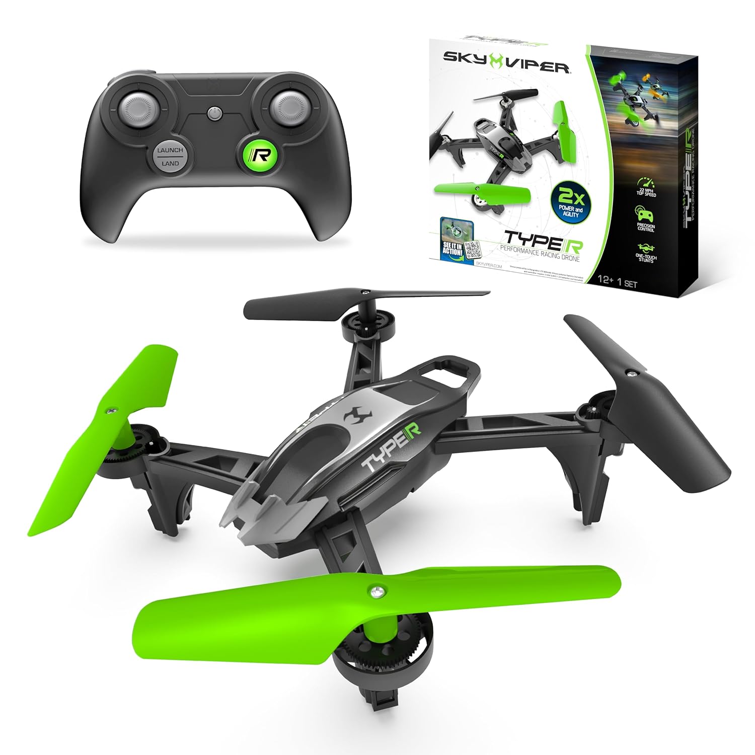 Sky Viper Type-R Racing RC Drone, Speeds Over 30 MPH, 1-Touch Stunts, Rechargeable Battery