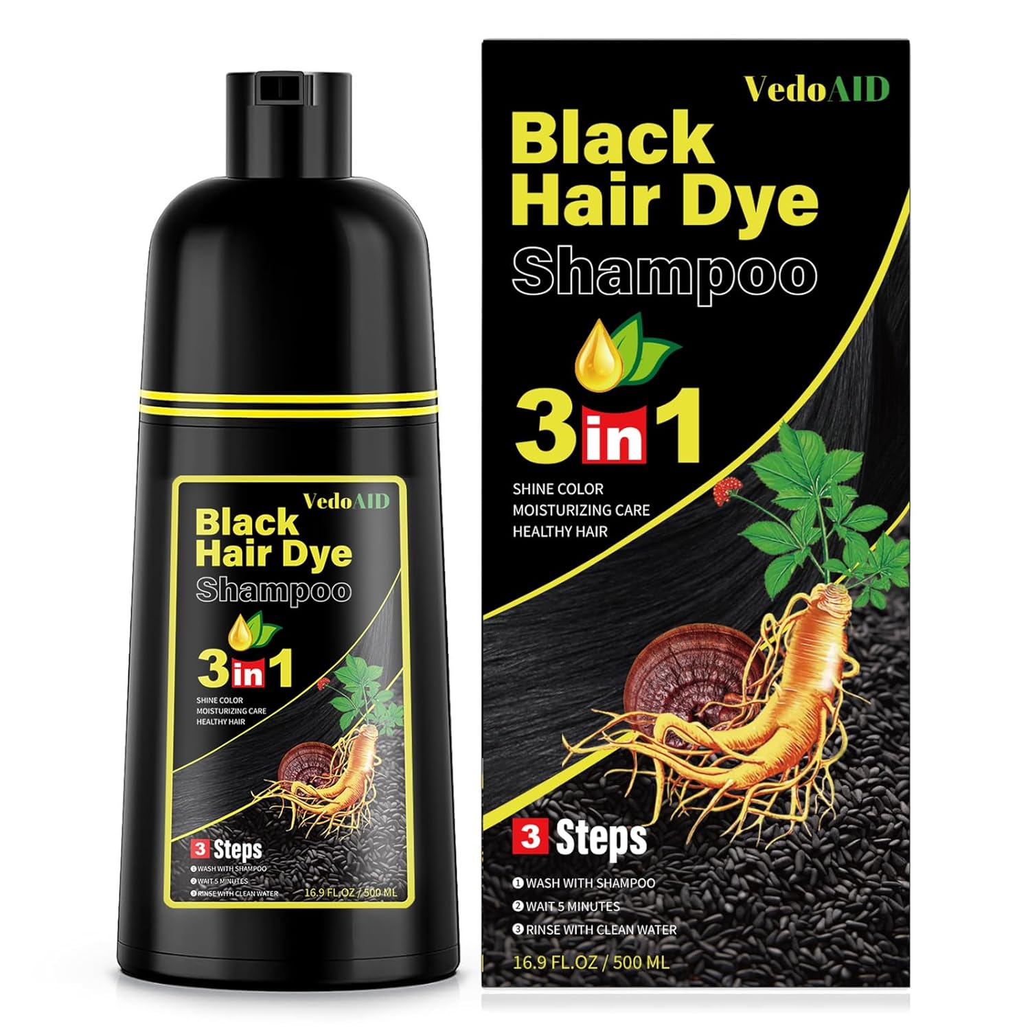 Black Hair Dye Shampoo 3 in 1 – Natural Herbal Hair Color Shampoo for Men & Women, Ammonia-Free Hair Dye, Gray Coverage, Ginseng & Black Sesame, Long Lasting, 500ml - Image 9