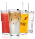 INSETLAN 530ml Glass Cups with Straws & Straw Cleaner, Set of 2, Clear Ribbed Drinking Glasses with Plastic Lids for Water, Juice, Iced Coffee & Smoothies, Dishwasher Safe