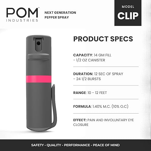 Miniatura 3 de POM - Gas pimienta con clip para bolsillo superior, aerosol con OC de máxima potencia para autodefensa, diseño táctico compacto y seguro, 25