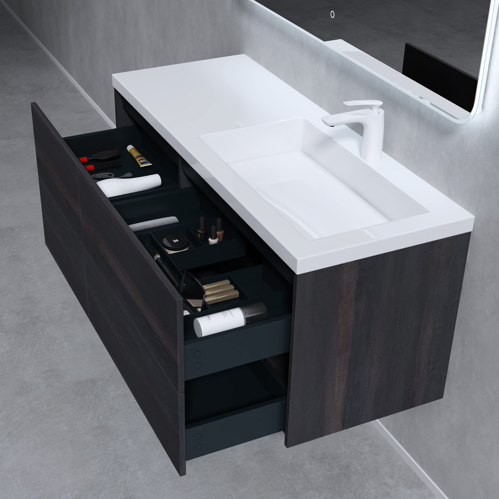 Sogood® Petit Meuble Sous Vasque Noir Texturé Et Vasque Gris Noir Mat 46cm Ensemble De 3 Pièces