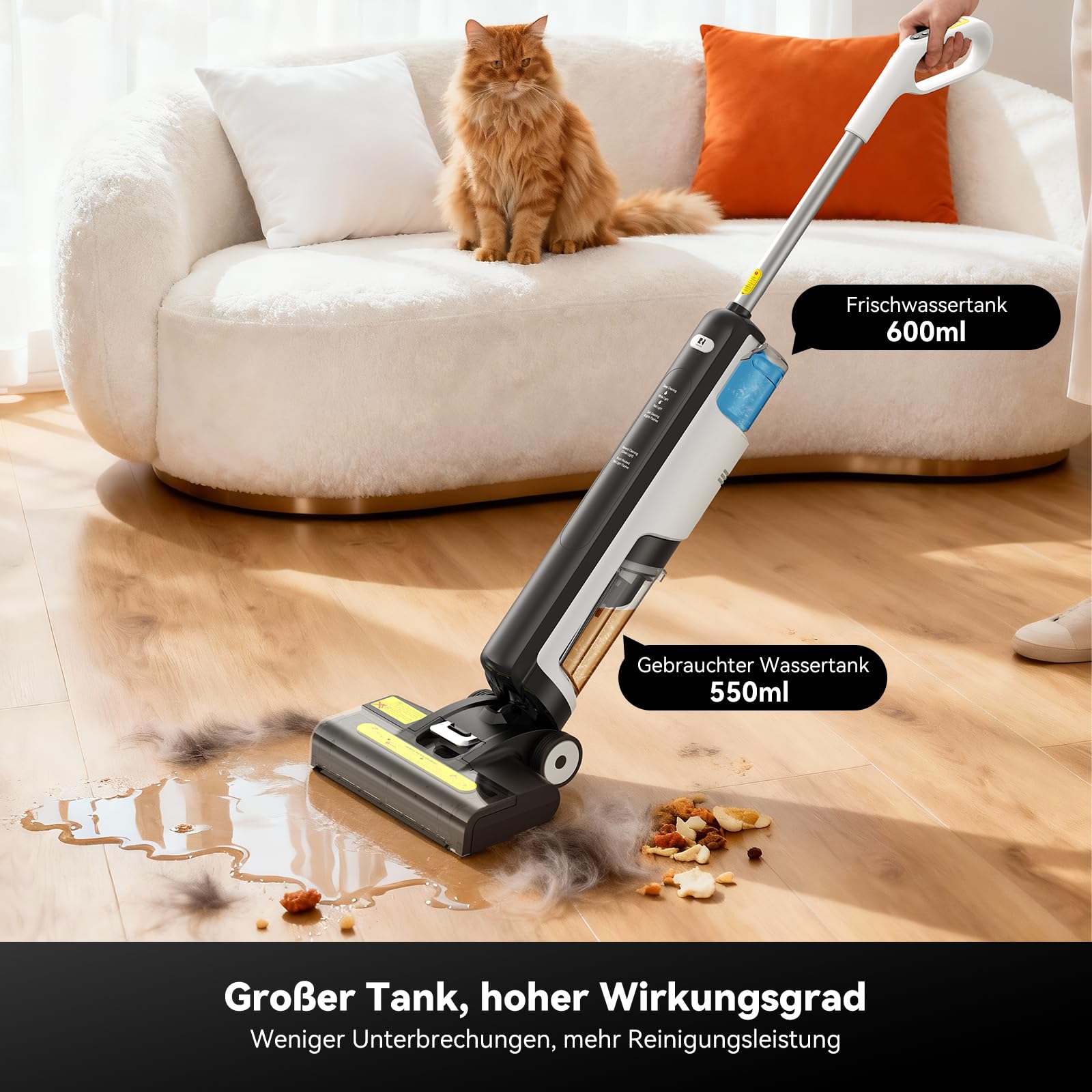 W12SE Wischsauger, Intelligenter kabelloser Wischsauger, Anti-Haarverwicklung, Elektrolytische Desinfektion, 1,15L Doppelbehälter