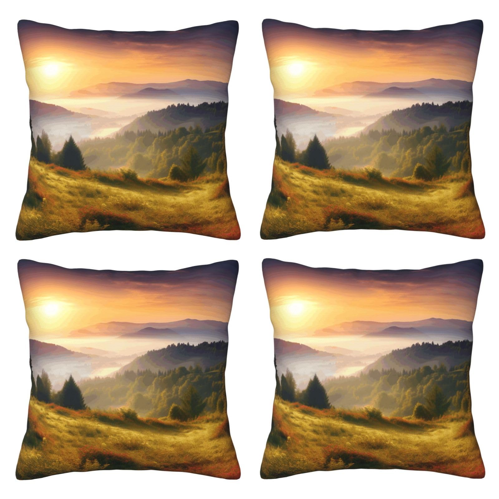 Sunrise Nature Scenery Throw Pillow Cases 4 Pack Square Pillowcases Super Soft Pillow Protectors With Zipper for Couch Livingroom Sofa Bed Office Car,50x50 CM