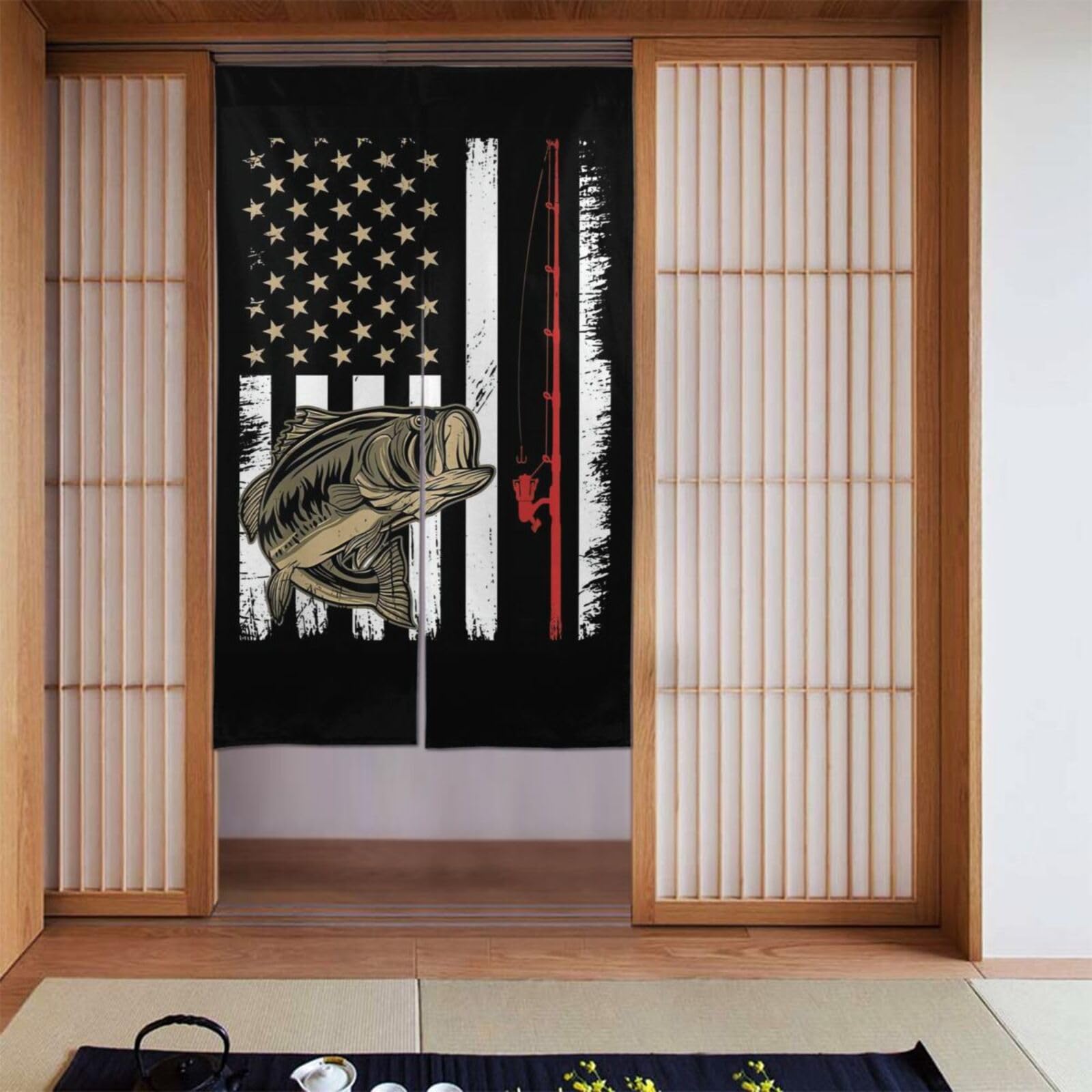 Lukiyys Grunge Largemouth Bass Fishing American Flag Door Curtains,Doorways Curtains for Windows,Bedroom Divider 34"X 56"