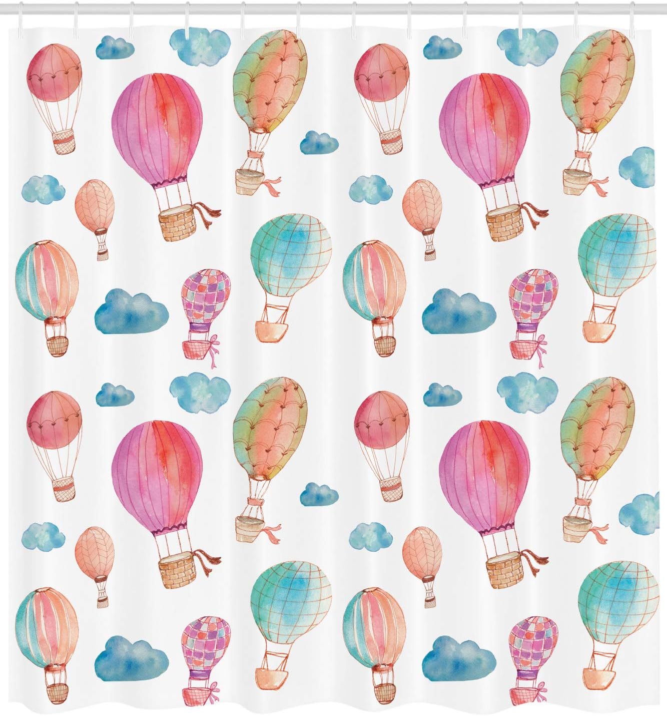 Ambesonne Watercolor Shower Curtain, Hand Painted Style Floating Hot Air Balloons Clouds Print, Cloth Fabric Bathroom Decor Set with Hooks, 69" W x 84" L, Blue Pink Coral