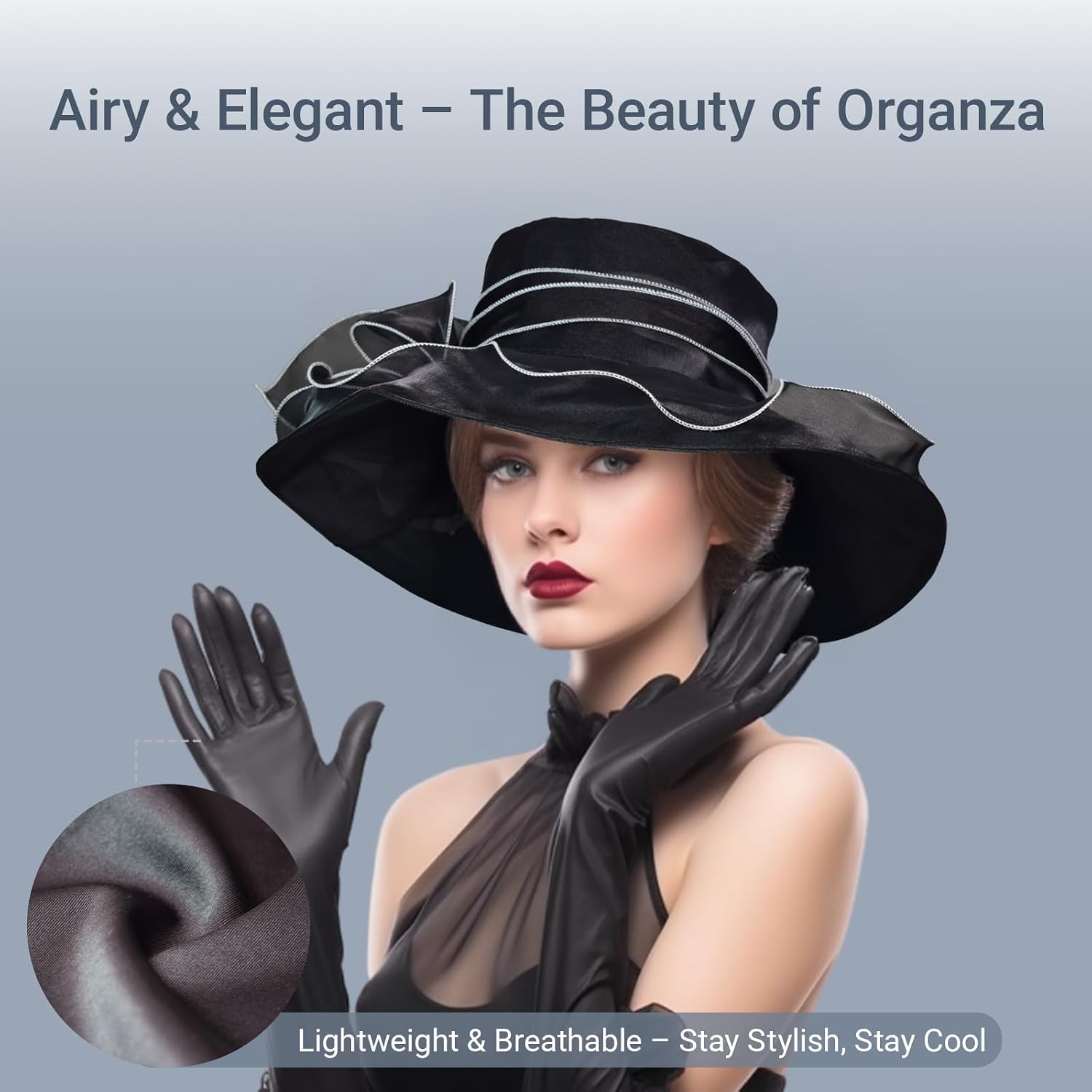 Derby Fascinator Hats for Women, Wide Brim Tea Party Organza Hats for Wedding & Cocktail Party (Black Set)