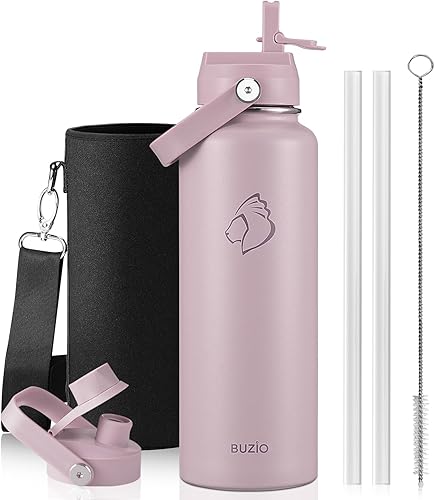 Miniatura 53 de BUZIO Botella de agua aislada de 24 oz, frasco de agua de boca ancha de acero inoxidable con tapa de pajita, frío durante 48 horas a prueba de