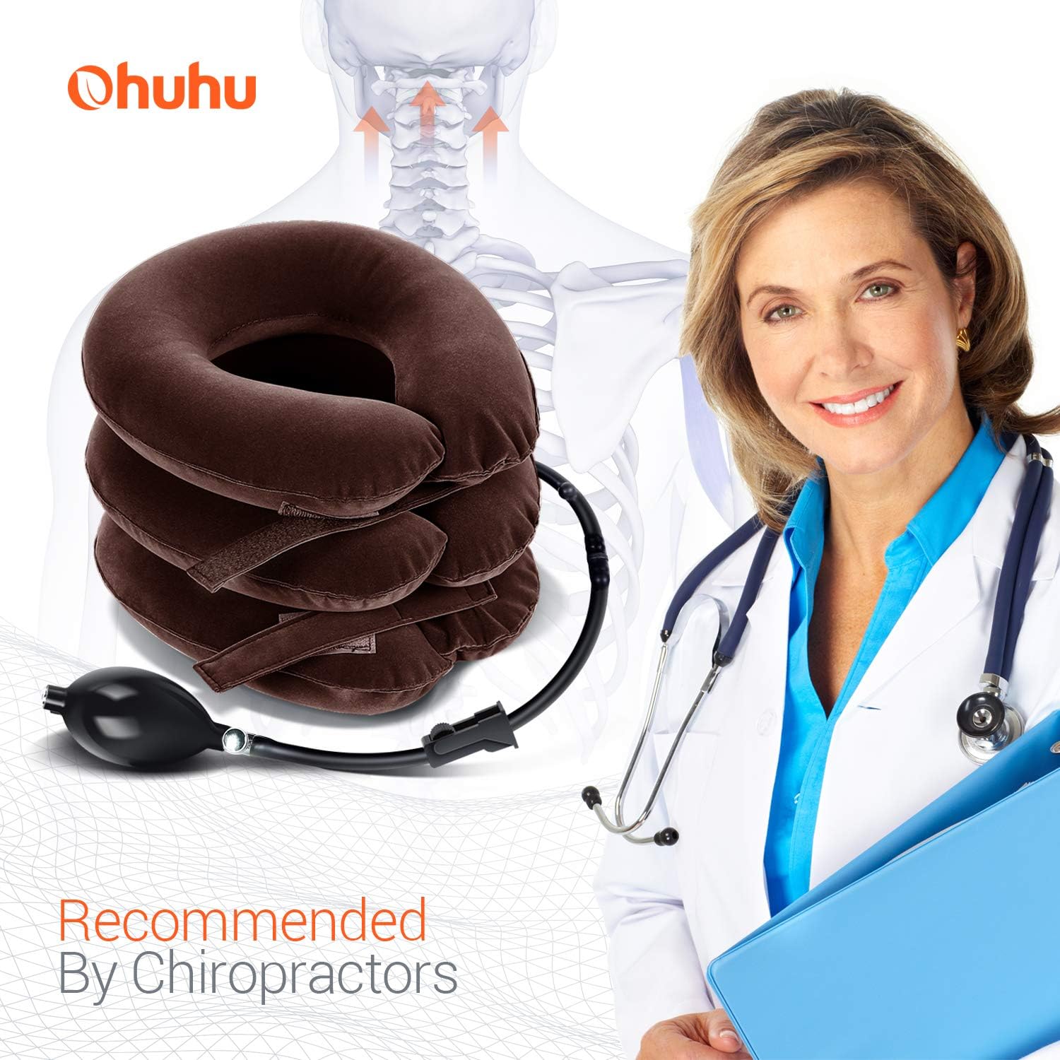 Ohuhu Cervical Neck Traction Collar Device Inflatable and Adjustable Neck Collar Device Neck Shoulder Back Head Pain Relief Inflatable Spine Alignment Pillow, Brown