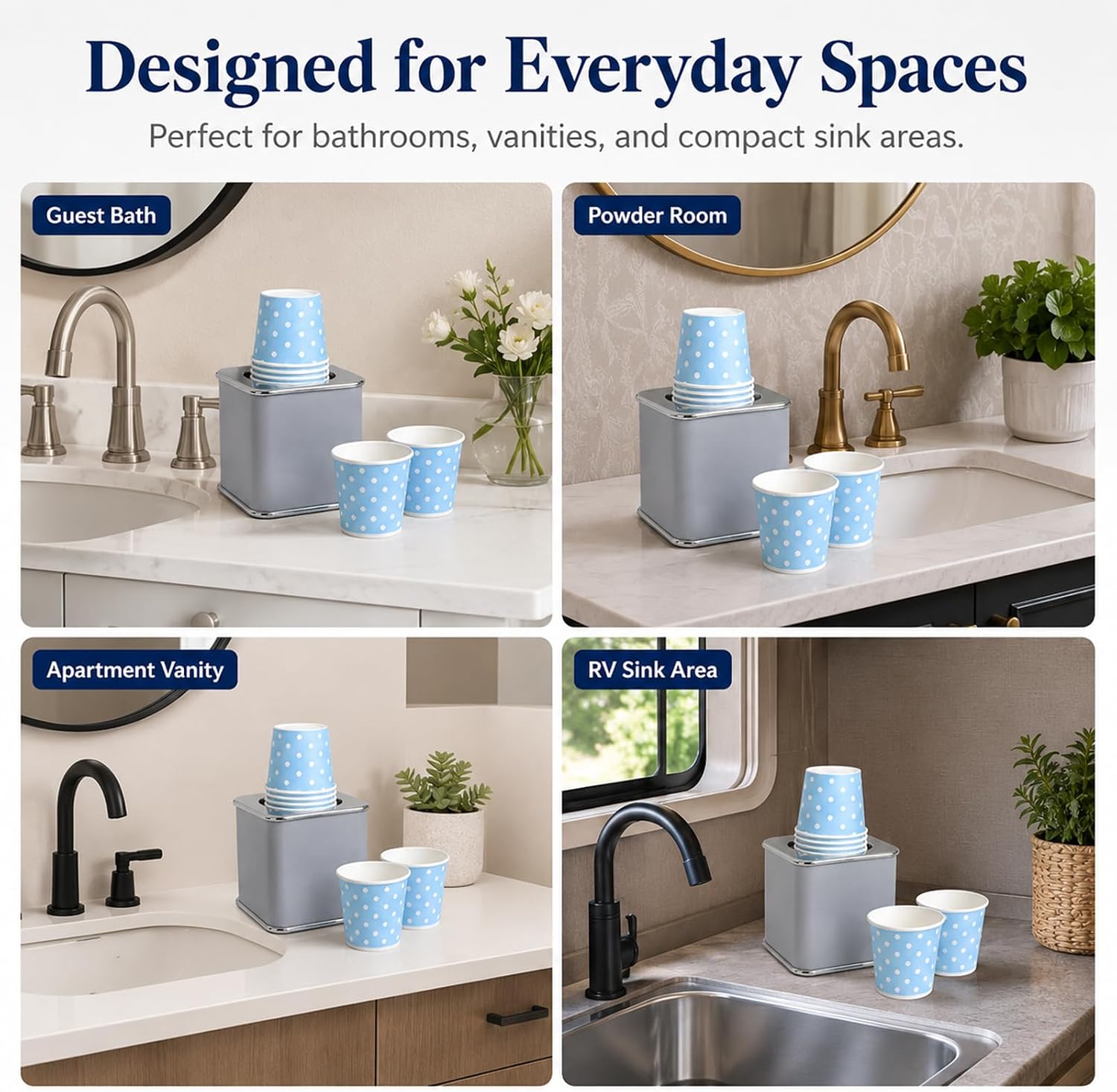 Bathroom Cup Dispenser, 3 Ounce Disposable Paper Cups Compact Countertop Holder Dispenser Mouthwash Cup Storage Holder with 20Pcs Paper Cups for Bathroom Hotel Vanity Desktop Kitchen