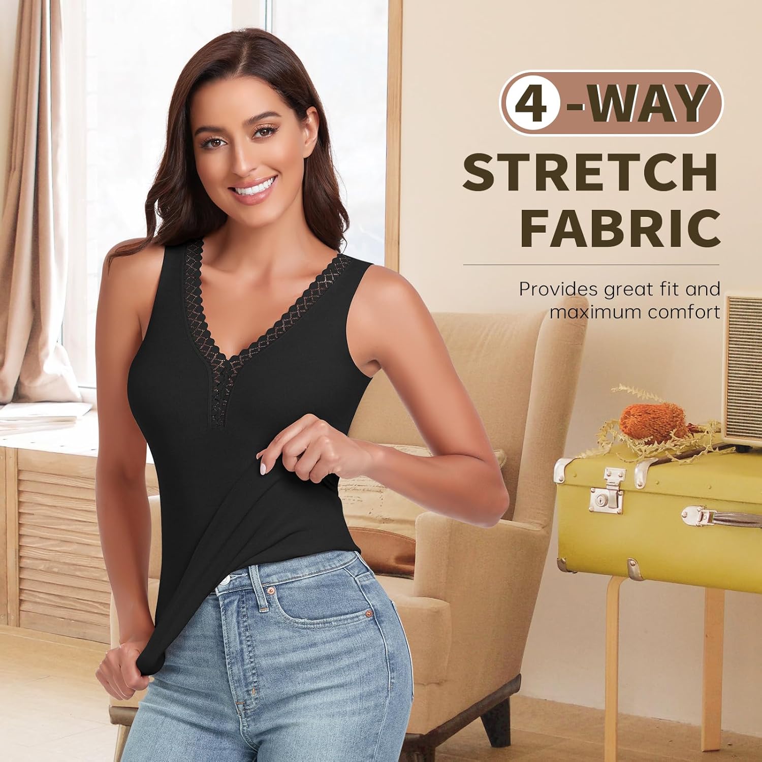 WOWENY Sleeveless Thermal Fleece Tank Top for Women V Neck Lace Camisole Warm Base Layer Cami Vest Underwear Tops - Image 4