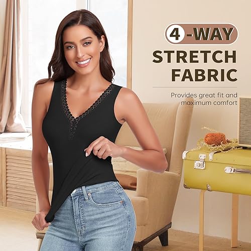 Miniatura 4 de WOWENY Camiseta sin mangas de forro polar térmico para mujer, cuello en V, camisola de encaje, capa base cálida, camisola, chaleco de camisola, ropa