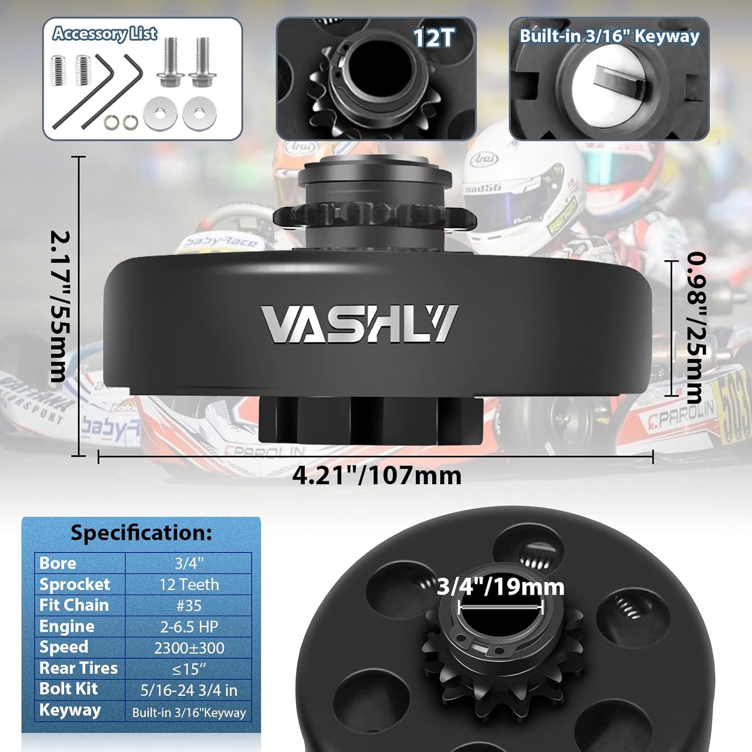 Vashly Go Kart Clutch 3/4" Bore 12 Tooth for #35 Chain Predator 212 Clutch 12T for Predator Honda GX160 GX200 Centrifugal Clutch Perfect for Go Kart, Minibike And Fun Kart Engine