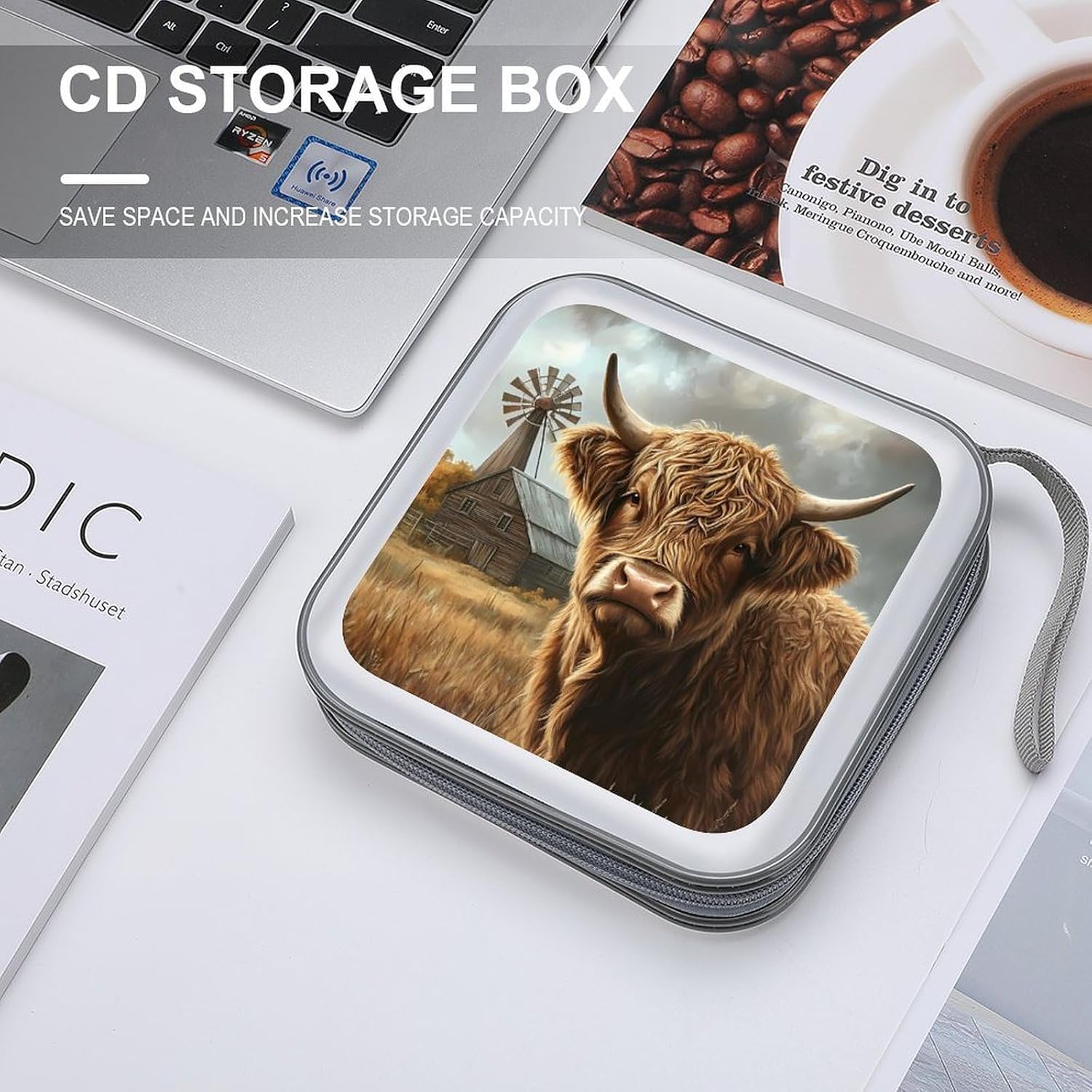 Highland Cow And Windmill Funny CD Case 40 Capacity DVD Storage Holder Portable Disc Wallet Organizer Bag for Home Travel image 4