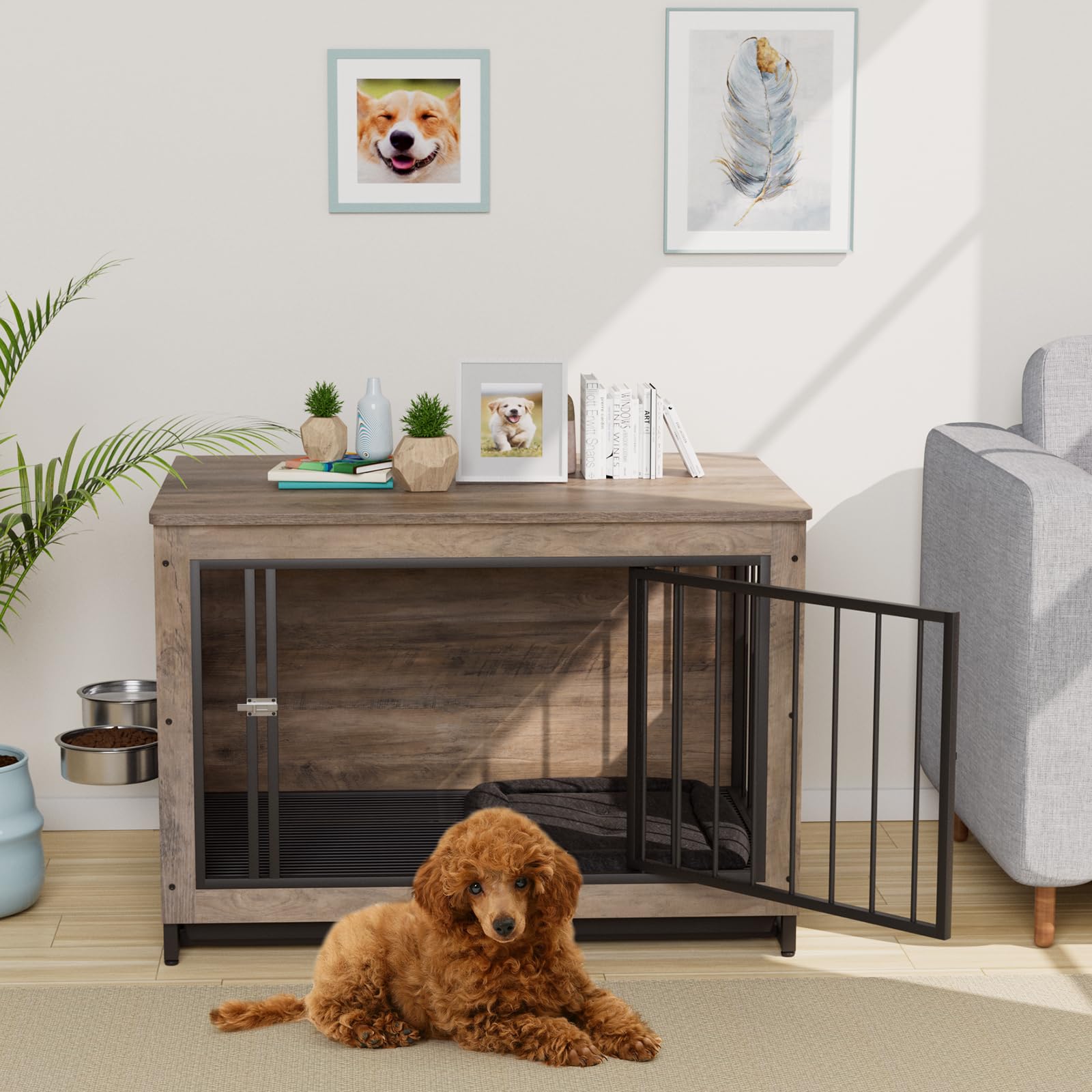 Jaulas para Perros, 93x64x58cm, Jaula Perro Grande para Casa de Madera, Dog Crate con 2 Comederos y Puertas para Perros, con Bandeja Extraíble, Jaula para Perros Medianos Pequeños hasta 40kg, Gris