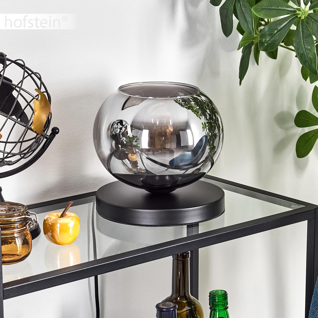 Tischleuchte Apedo, Tischlampe aus Metall/Glas in Schwarz/Rauchfarben, Leuchte im modernen Retro/Vintage-Design mit Schirm aus Glas (Ø 20 cm) u. An/-Auschalter am Kabel, 1 x E27, ohne Leuchtmittel