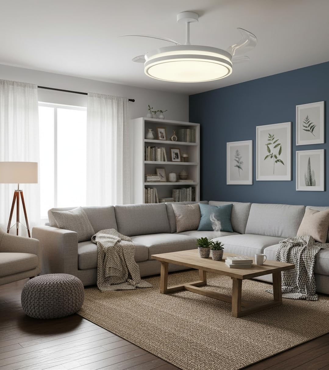 BEL AIR HOME - Ventilador de Techo con Aspas Retráctiles, Motor DC Silencioso, Luz LED 36W 3 Temperaturas de Color, Mando a Distancia, Modo Invierno, Diseño Moderno (BLANCO)