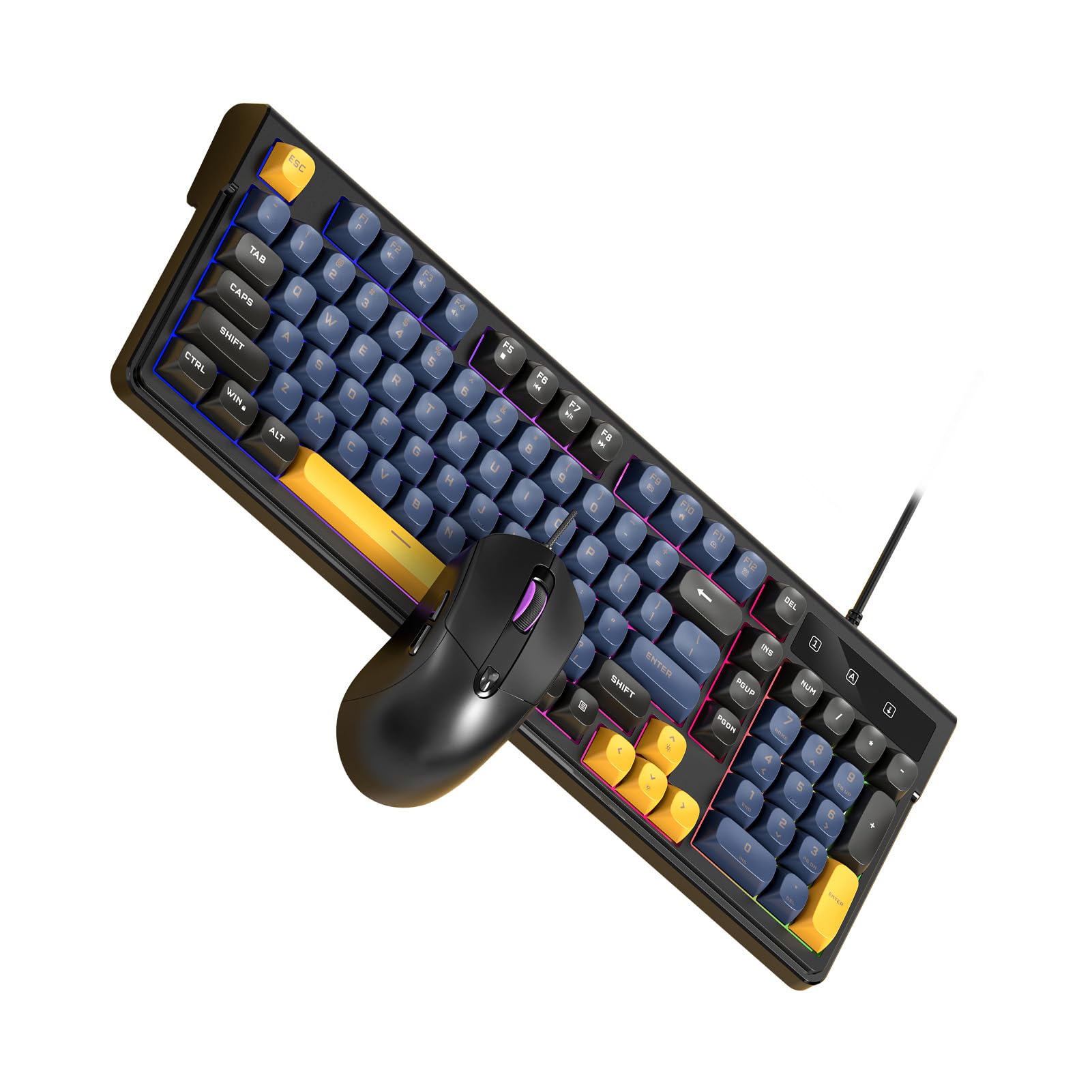 Ergonomiczna Klawiatura i Mysz do Gier z Podświetleniem RGB, Kolorowym Oświetleniem, Kompaktowym Układem, funkcją USB Plug and Play dla, MacOS (Niebieski czarny zestaw)