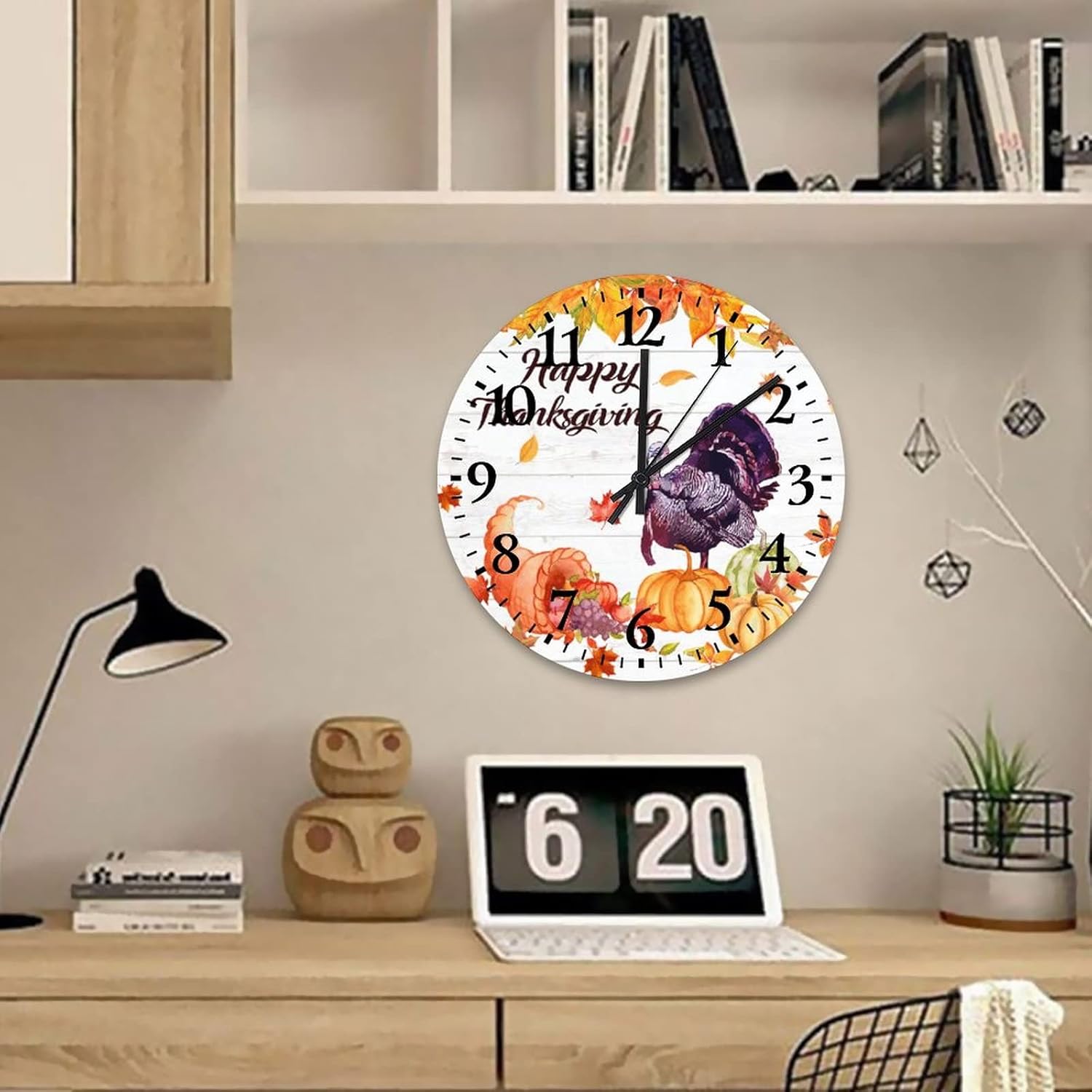 15 Inch Happy Thanksgiving Day Funny Turkey with Pumpkins Maple Leaves Wood Wall Clock Silent Non Ticking Welcome Halloween Thanksgiving Office Decor for Men Round Clock for Living Room Office