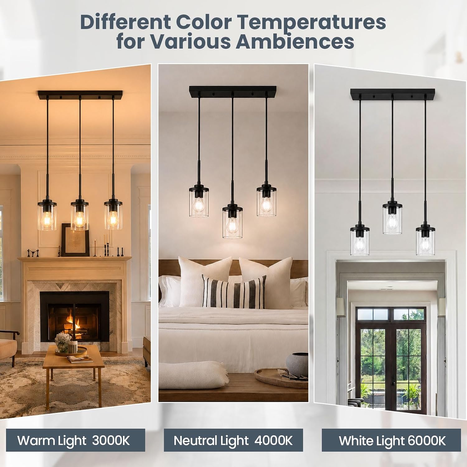3-Light Pendant Light Fixtures, Modern Black Pendant Lights Kitchen Island, Adjustable Kitchen Island Lighting with Clear Glass Shade, Hanging Light Fixtures for Dining Room, Bedroom, Hallway