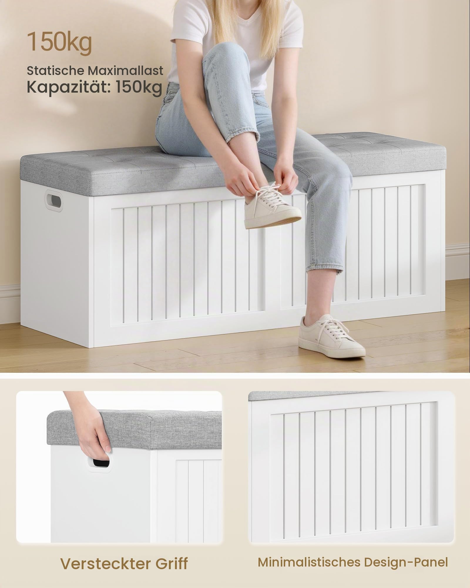 Hzuaneri Schuhbank mit Stauraum, 109 cm, Mit Leinenkissen, Weiß-Grau | Sitzbank, Aufbewahrungsbox, Für Wohnzimmer, Foyer und Eingangsbereich, 40 x 109 x 44,5 cm, SB01903GY