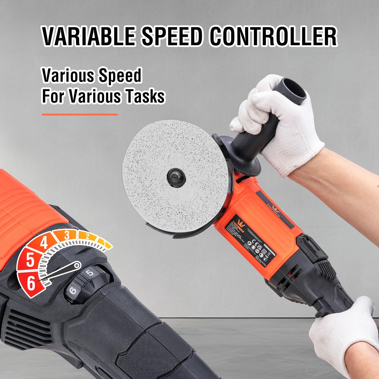 Smerigliatrice angolare con filo TOPWAY 115 mm / 125 mm 1200W, 6 velocità variabili, per fai da te e lavori leggeri, muratura, calcestruzzo, piastrelle, metallo e acciaio (Gamma economica)