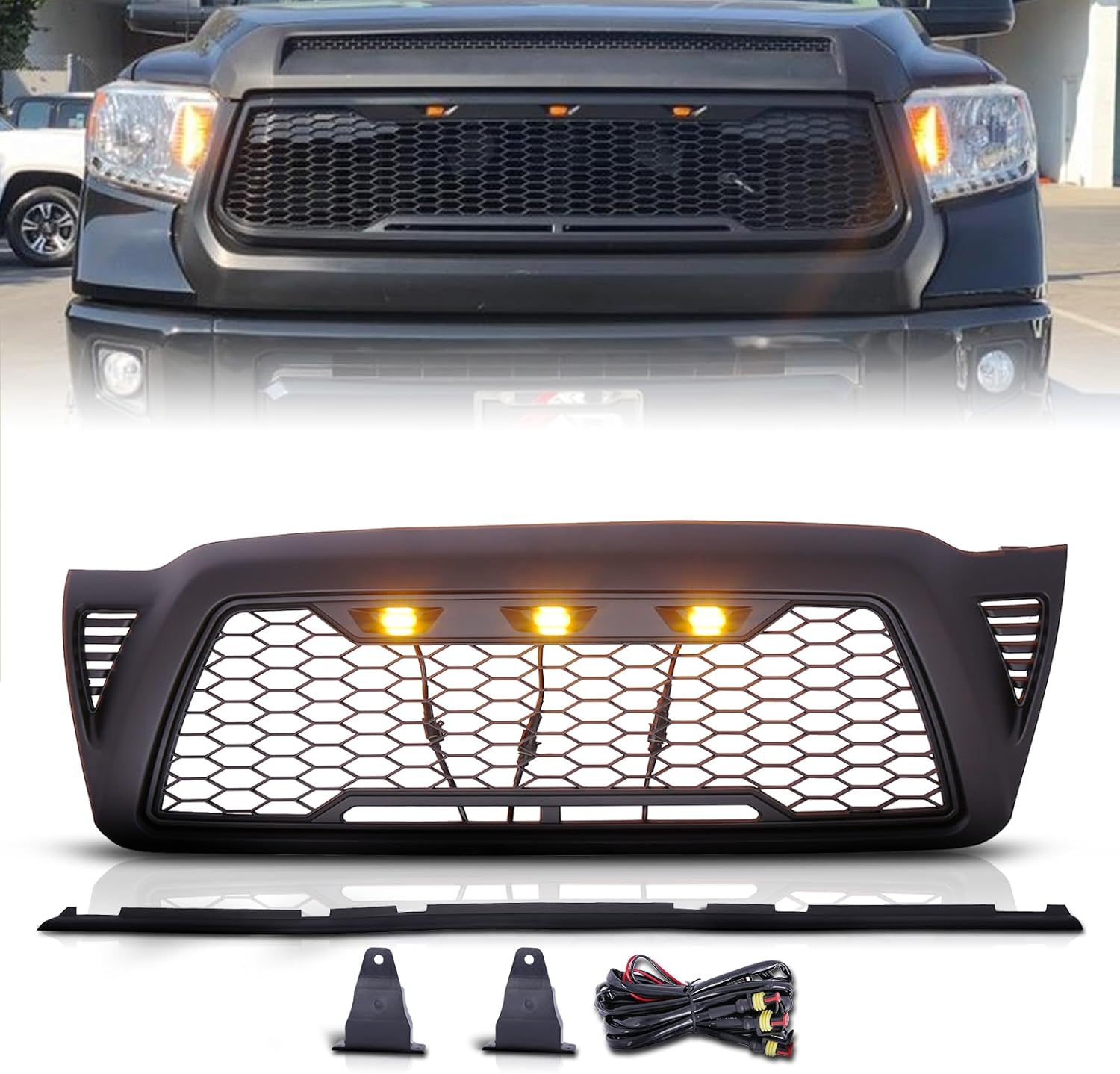 Front Upper Mesh Black Shell Grille Compatible with 2005-2011 Toyota Tacoma with LED Lights.