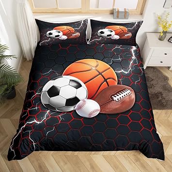 Loussiesd Mixed Ball Bedding Set Cot Size Rugby Sports Duvet Cover Set for Boys Girls Teens Football Duvet Cover Baseball Bedspread Cover Room Decor Balck Red Quilt Cover