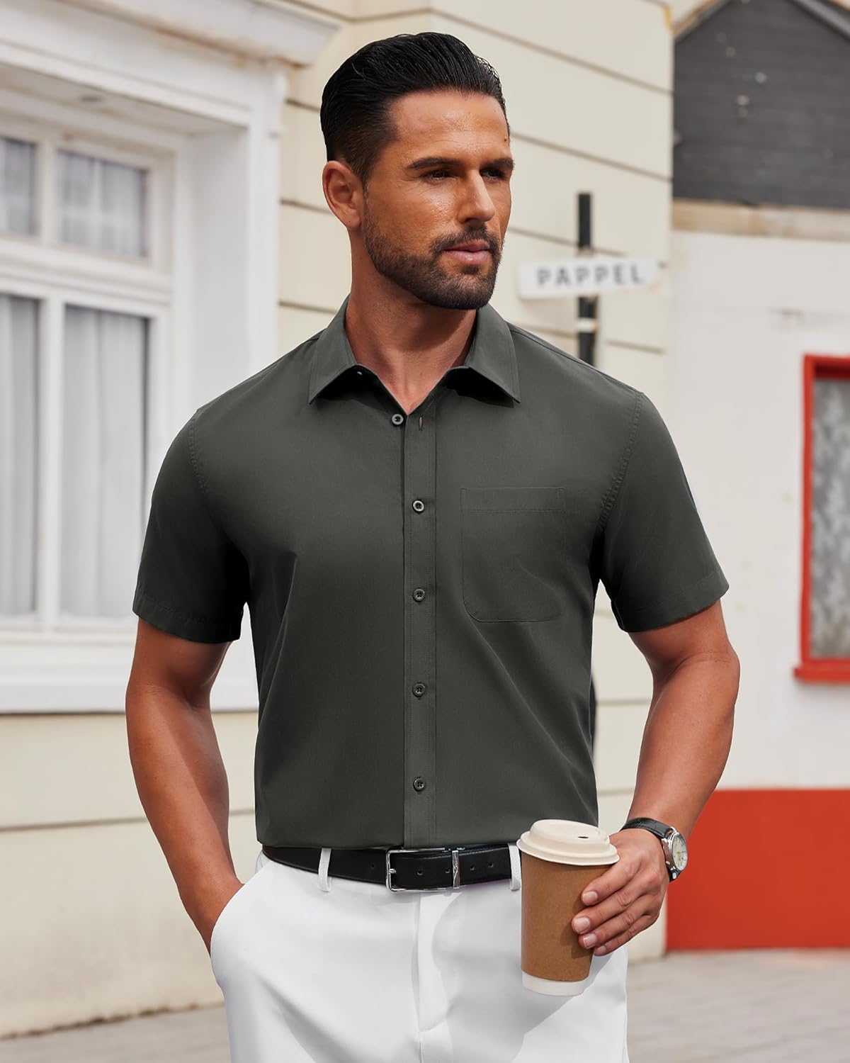 Alimens & Gentle Men's Short Sleeve Dress Shirts Wrinkle Free Untucked Casual Button Down Shirt - Image 2