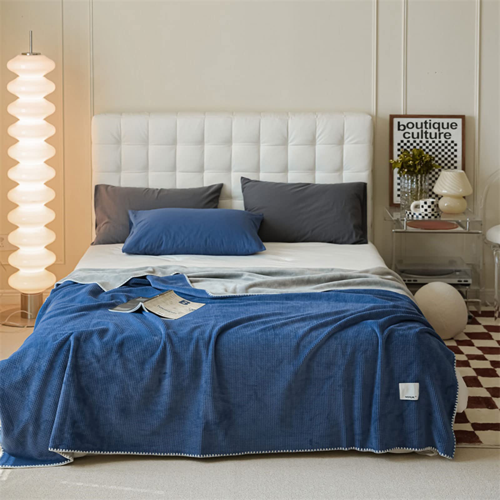 Xrare Waffle Fleece Bed Blanket Double Sided Throw Blanket For Bed Travel Couch 100 x 150cm Blue-Grey