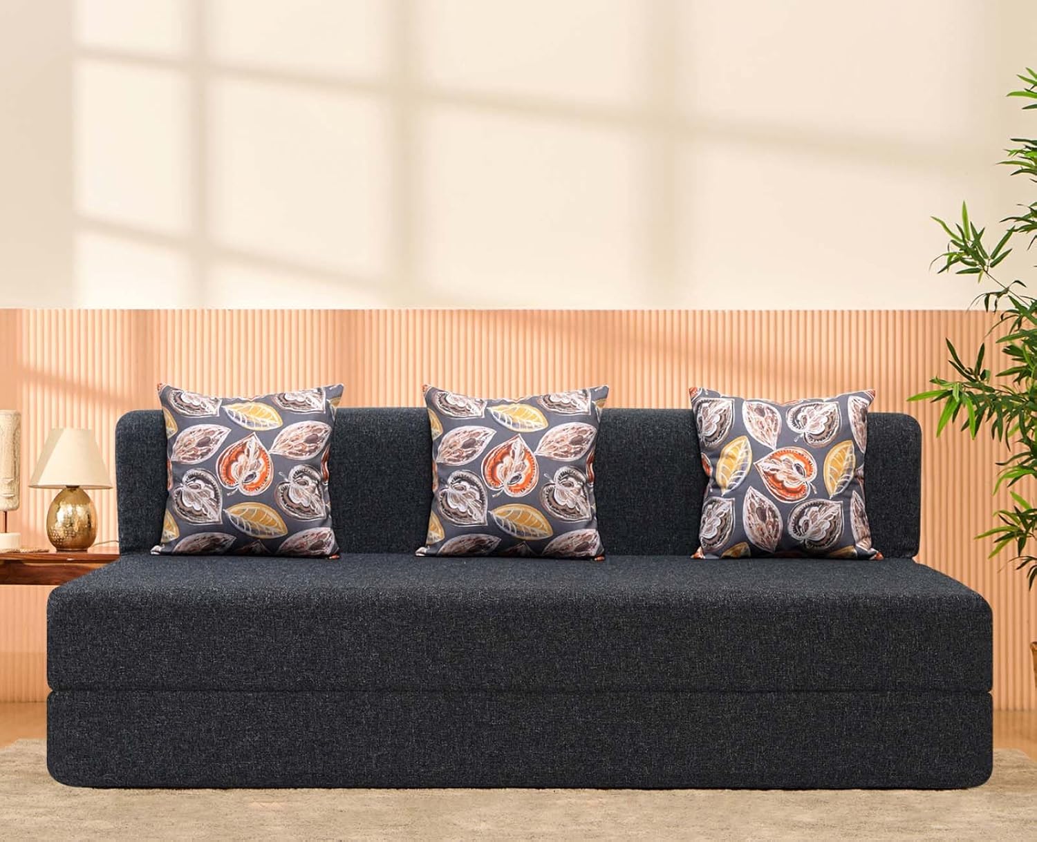 uberlyfe 3 Seater Sofa Cum Bed | Jute Fabric Washable Cover | 3 Cushions Fall Leaves Pattern | Dark Grey | 6′ X 6′ Feet uberlyfe 3 Seater Sofa Cum Bed | Jute Fabric Washable Cover | 3 Cushions Fall Leaves Pattern | Dark Grey | 6′ X 6′ Feet