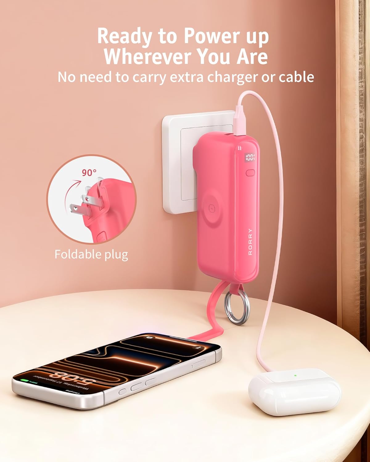 RORRY Flow Portable Charger, 10000mAh 40W Fast Charging Power Bank with Built-in USB C Cable and Foldable Wall Plug, Battery Pack Travel Essentials for iPhone 17/16/15, Apple Watch, iPad, MacBook