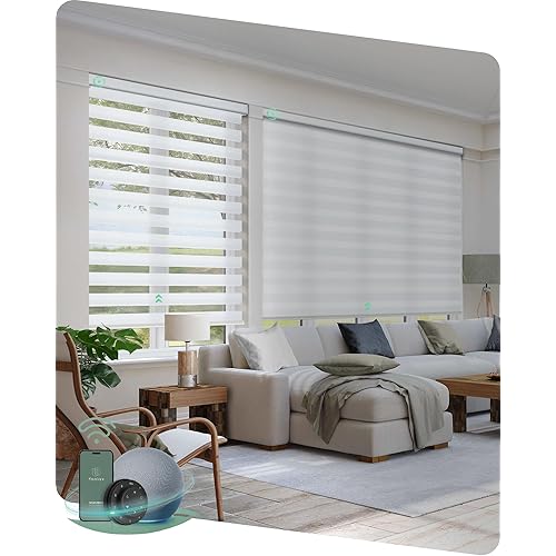 Yoolax Motorized Zebra Blinds Works with Alexa, Motorized Blinds with Remote Custom Size, Privacy Electric Zebra Shades for Windows (80% Shading White)