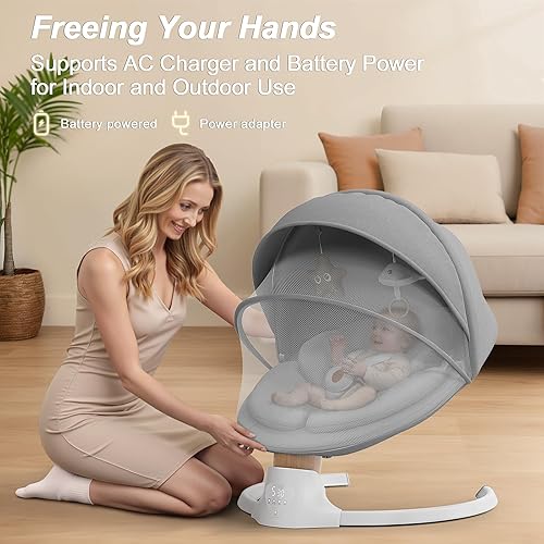Miniatura 7 de Columpios de bebé para bebés, columpio eléctrico para bebés con 10 melodías preestablecidas, 5 velocidades, control remoto y Bluetooth, columpio