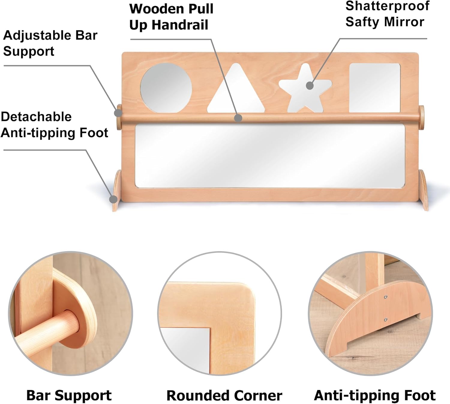 Baby Shatter-Resistant Safety Mirror with Pull Up Bar, Infants Early Learning Exploration Set, Toddlers Montessori Furniture for Daycare, Preschool and Nursery