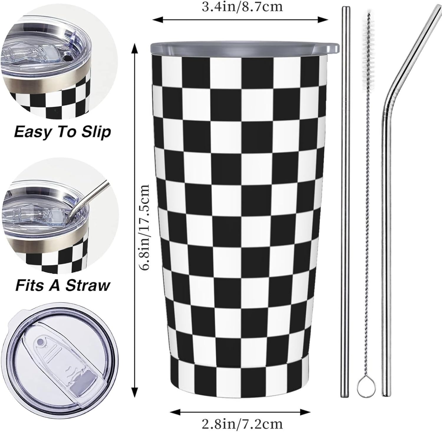 Checkered Tumbler 20 OZ with Lid and Straw, Insulated Tumbler Cup Mug, Checkered Gifts for Men Women - Image 4