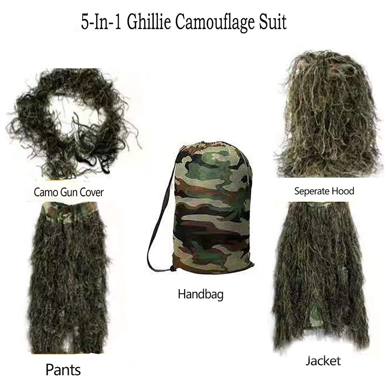 Tuta Ghillie 5 In 1 Mimetica 3D Per Caccia – Completo Con Giacca, Pantaloni, Cappuccio E Borsa Per Adulti E Bambini