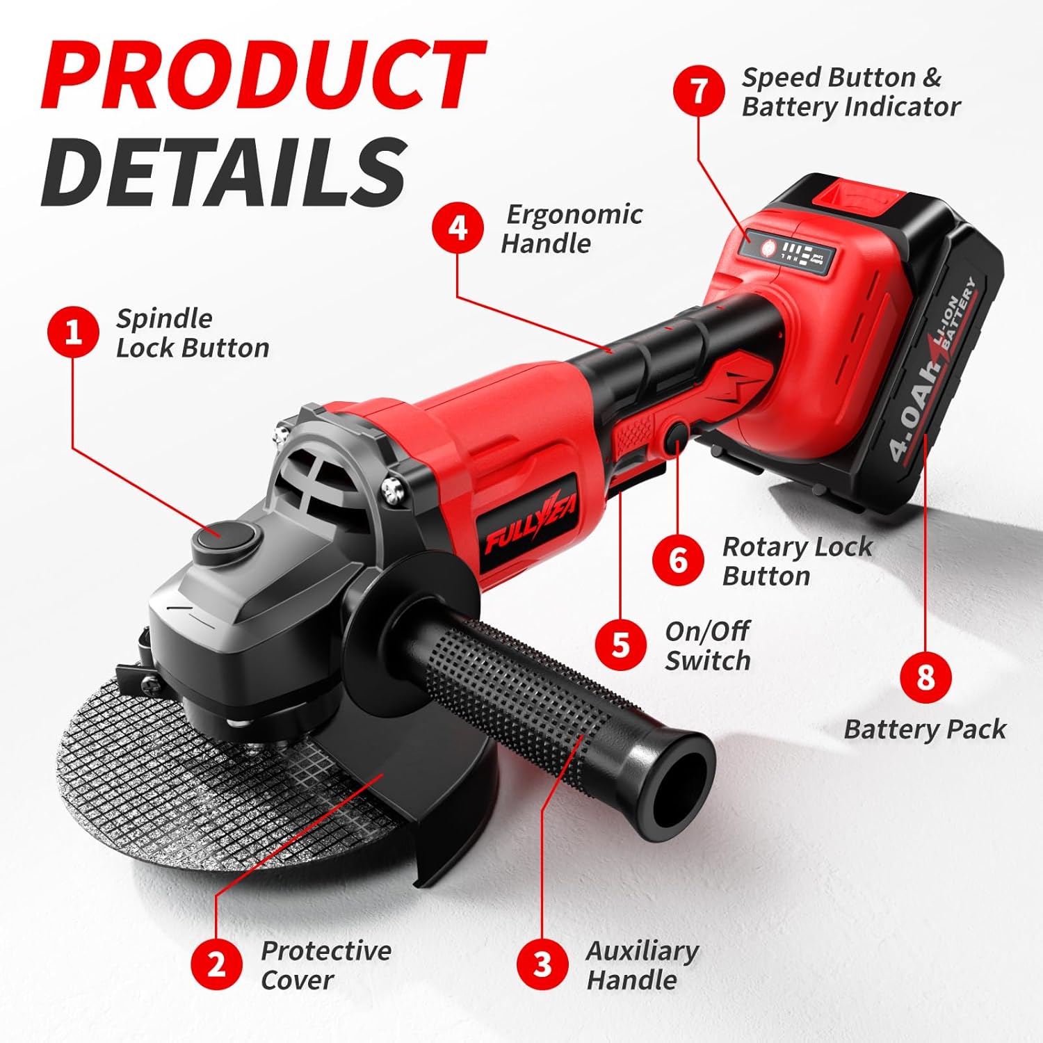 Cordless Angle Grinder 4-1/2 inch, 3-Speed Adjustable, 10000 RPM Electric Angle Grinder Portable with 2*4.0Ah Batteries & 3 Wheels, Battery Powered Grinder Tool Kit for Wood/Metal/PVC Cutting - Image 6