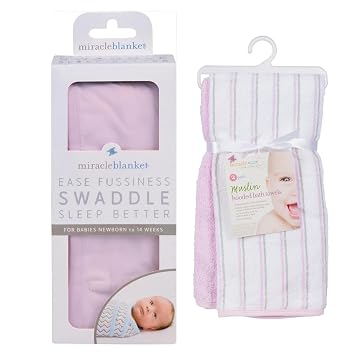 Miracle Blanket Swaddle Wrap and MiracleWare Muslin Hooded Towel Bundle Pink