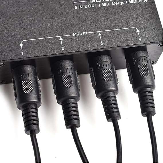 Advanced MIDI Splitter Converter USB MIDI Host Box for Electronic Piano Keyboard Synthesizer, 5 Inputs and 2 Outputs, Aluminum Alloy, Black