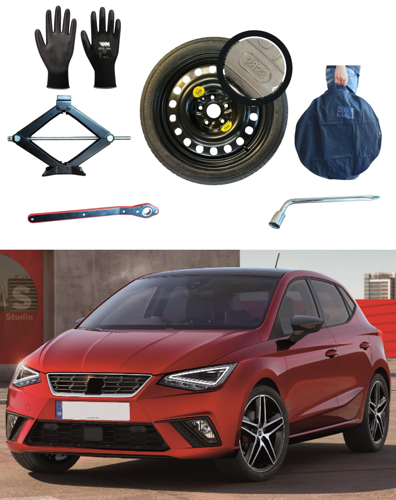 Kit Ruotino di Scorta 17" compatibile con Seat Ibiza (2017>) con Cric, Chiave, Guanti e Sacca 125/70R17