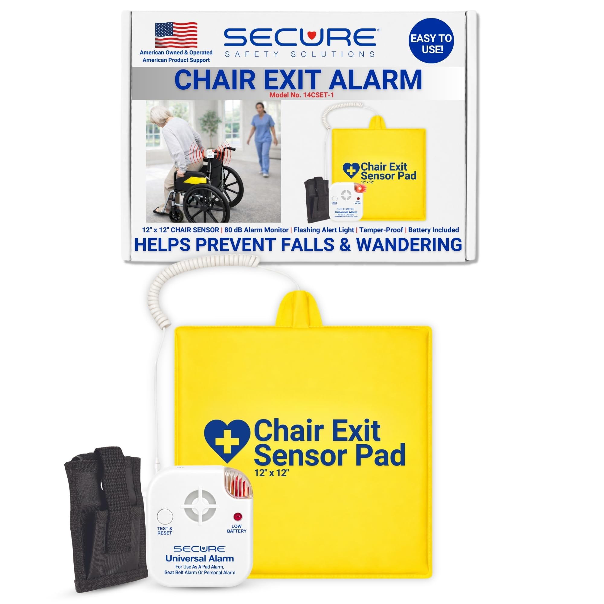 Secure Safety Solutions Chair Exit Alarm for Elderly Fall Prevention, Wheelchair Patient Alarm with 12" x 12" Sensor Pad, 80 dB Alert Monitor,
