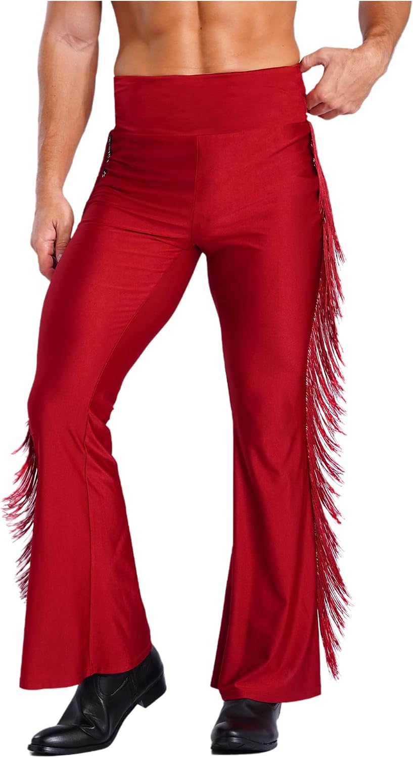 Men's Fringe Dance Pants Vintage Bell Bottom Pants Flared Trousers Ballroom Dance Pants