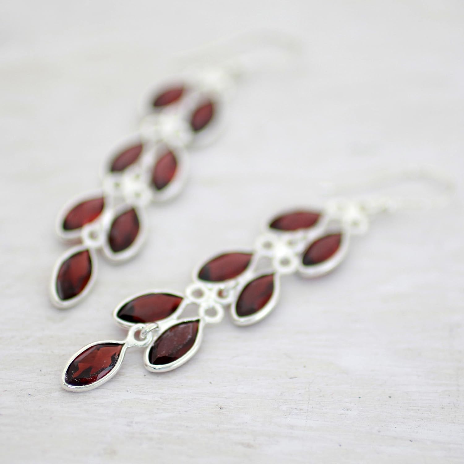 NOVICA Artisan Handmade Garnet Dangle Earrings Sterling Silver from India [2.8 in L x 0.5 in W x 0.1 in D] ' Sparkling Red Leaves'