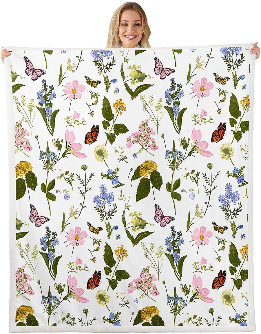 Erosebridal Flower Throw Fleece Blanket Cute Floral Butterfly Sherpa Blanket Spring Garden Fuzzy Plush Throw for Kids Boys Girls Green Plants Leaf Blankets Botanical Wildflower Decor
