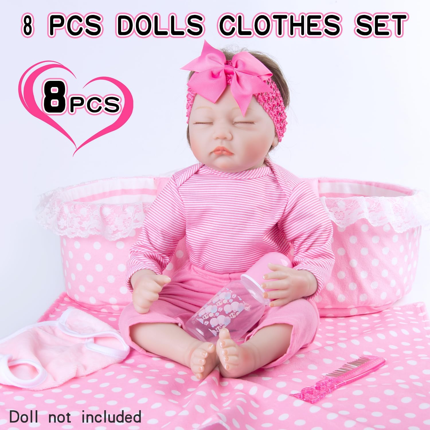 Pedolltree 8 Pcs Reborn Baby Dolls Clothes Girl Pink Striped Outfit Accessories with Pink Lace-Trimmed Bassinet for 17-20 Inch Reborn Dolls Newborn Baby Girl