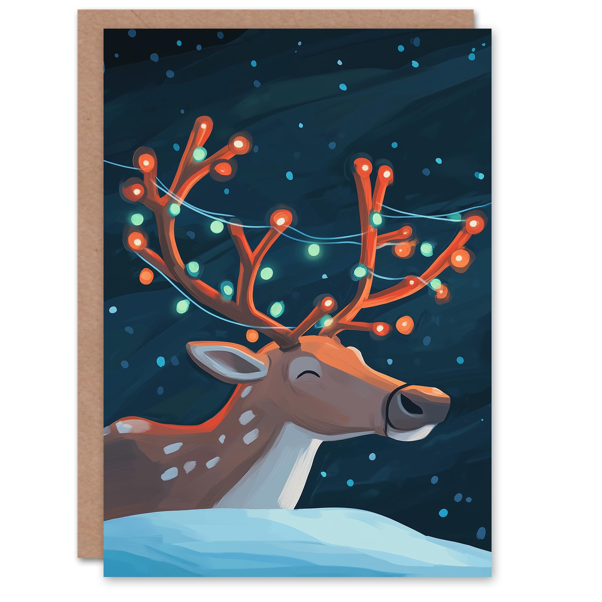 Wee Blue Coo Greeting Card Cute Reindeer With String Lights On Antlers Blank For Him Or Her Art Xmas Christmas Card
